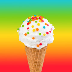 vanilla ice cream in the cone on colorful background