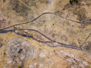 Aerial drone view. Dirt road in the forest in early spring