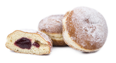 Berliner Doughnuts as detailed close-up shot isolated on white background (selective focus)