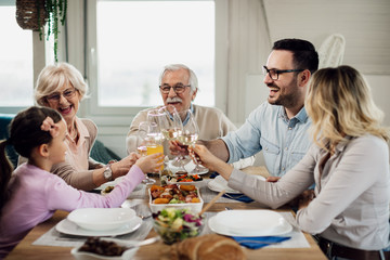 Happy multi-generation family toasting while having lunch in dining room.