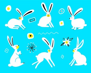 Cute rabbits isolated on a blue background. Set of white hares in a flat style. Bunny pet silhouette in different poses.