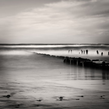 Long exposure shot of the sea and a pier, black and white photo, Baltic Sea, Poland