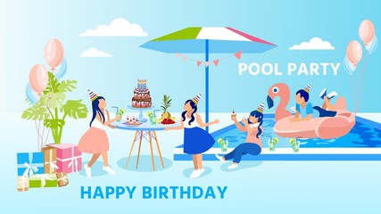 Informational Poster, Happy Birthday Pool Party. Children in Holiday Clothes have Fun in Backyard House. Girls Talk Near Table and Eat Treats, and Boy Relaxes Inflatable Flamingo in Pool.