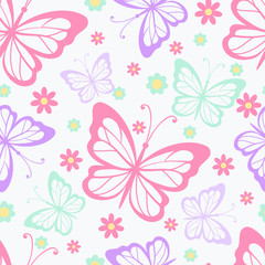 Obraz na płótnie Canvas Seamless pattern with multicolored butterflies on white background. Vector illustration.