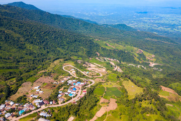 Top view Aerial photo from flying drone over Mountains and winding mountain paths exciting steep at Phu Thap Boek ,Phetchabun Province,Thailand,ASIA.