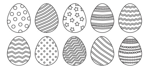 Easter eggs different ornament, line art. Vector illustration