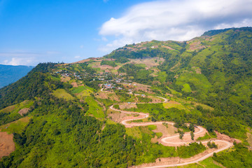 Top view Aerial photo from flying drone over Mountains and winding mountain paths exciting steep at Phu Thap Boek ,Phetchabun Province,Thailand,ASIA.