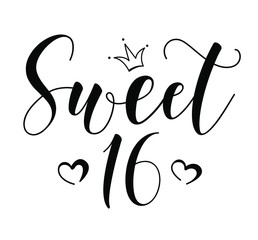 Sweet 16teen. Happy Birthday lettering sign. Design elements for postcard, poster, graphic, flyer. Simple vector brush calligraphy. Stock illustration Isolated on white background.