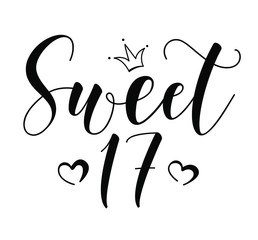 Sweet 17teen. Happy Birthday lettering sign. Design elements for postcard, poster, graphic, flyer. Simple vector brush calligraphy. Stock illustration Isolated on white background.