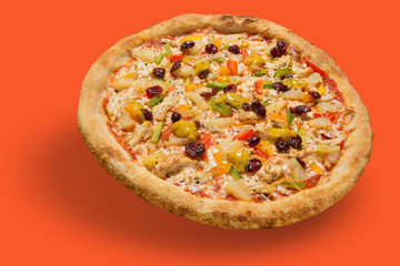 italian pizza with vegetables and with pieces of chicken, levitate, cast a shadow, on orange background, concept, in pastel colors