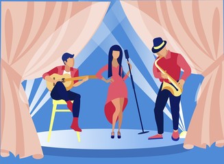 Female Singers and Male Musicians Performing Jazz on Stage with Curtains Flat Cartoon Vector Illustration. Woman Singing and Man Playing Guitar Sitting on Chair and Boy on Saxophone. Music Band.
