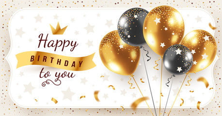 Vector happy birthday horizontal illustration with 3d realistic golden and black bunch of air balloon in frame on white background with text and glitter confetti.