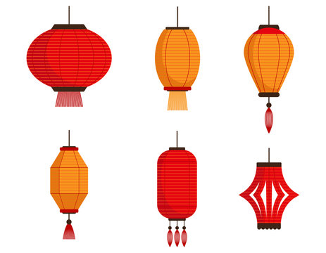 Vector set of chinese lanterns. Paper lanterns in flat style isolated on white background. Classic Asian lanterns.