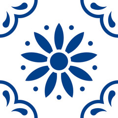 Mexican talavera tile pattern. Ornament in traditional style from Puebla in classic blue and white. Floral ceramic composition with flower, dot and leaves. Folk art design from Mexico. - 325696089