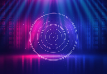 Dark abstract futuristic background. The geometric shape of the cyber circle in the middle of the scene. Neon blue-pink rays of light on a dark background