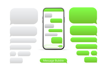 Smartphone with green Message bubbles icons for chat. Vector message bubbles design template.