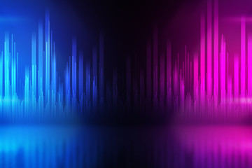 Background empty show scene. Ultraviolet dark abstract background. Geometric neon shapes, neon glow, blue and pink lighting