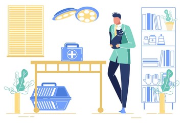 Man Veterinarian Doctor in Uniform Holding Cat on Hands Prepare to Put Animal on Table for Surgery or Treatment Procedures. Veterinary Clinic Appointment, Pets Care Cartoon Flat Vector Illustration