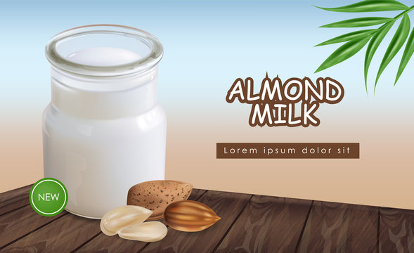 Almond milk vector realistic mock up. Glass bottle delicious organic drink on wooden table. Detailed 3d package illustrations
