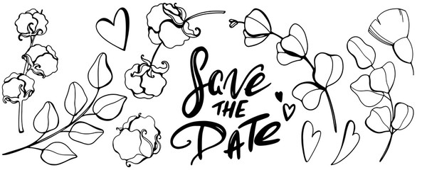 Digital art cute handmade doodle outline cotton flower, eucalyptus, save the date. Print for cards, invitations, banners, posters, stickers, web design, packaging, fabrics, paper products.