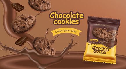 Chocolate cookies vector realistic mock up. Declious dessert falling cookies with chocolate splash. 3d detailed product package. label advertise packs - obrazy, fototapety, plakaty