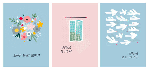 Open window spring bird illustration postcard set