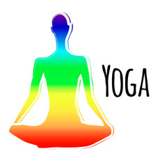 Vector illustration. silhouette sitting in lotus pose of yoga with chakra colors Isolated on white