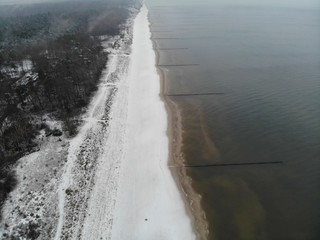 Aerial view of snowy coastal line, Baltic sea, Ueckeritz, Bansin, Germany