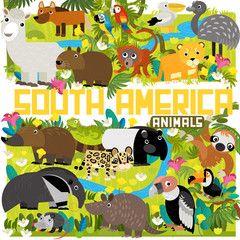 cartoon south america safari scene with different animals by the pond illustration