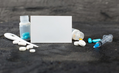Concept of new chinese corona virus. Medicine equipment and pills