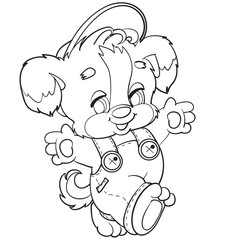 puppy in overalls and cap, walks merrily, child, outline drawing, isolated object on a white background,