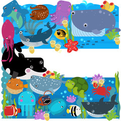 cartoon scene with different sea or ocean animals in the coral reef illustration