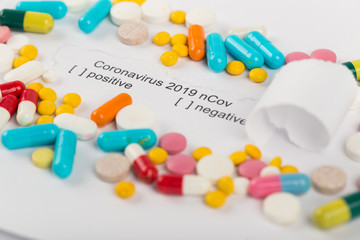 Concept of new chinese corona virus. Medicine equipment and pills
