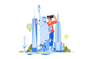 Young handsome man makes selfie with statue of liberty. © Nataliya Kalabina