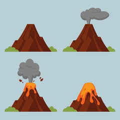 Vector set of volcanoes of varying degrees of eruption. Flat style illustration with isolated objects. © KurArt