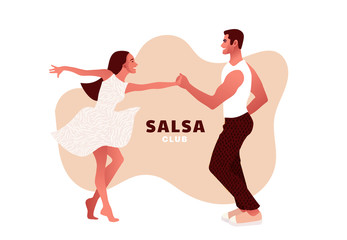 Salsa party club. Happy Valentine's Day. Beautiful young couple dancing salsa in the city. Street dancing. People in love, dating. Vector illustration cartoon style. Dance studio logo. - obrazy, fototapety, plakaty