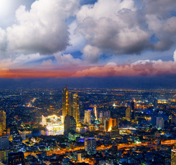 Aerial view of Bangkok Downtown Skyline at sunset, Thailand