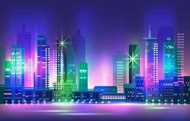 Night city panorama with neon glow. Vector illustration.