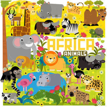 cartoon africa safari scene with different animals by the pond illustration