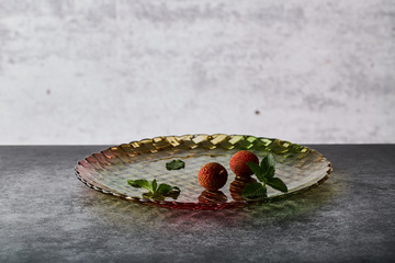 Glass fruit tray with fruit 