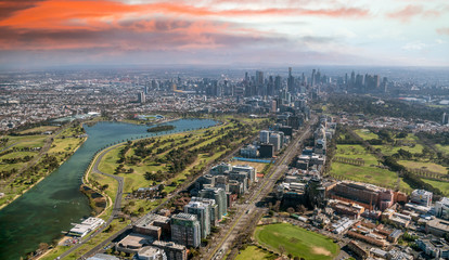 Fototapeta premium Aerial view of Melbourne skyline from helicopter on a beautiful sunny day, Australia