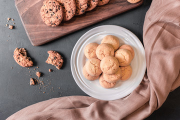 Oatmeal cookies with chocolate drops and butter biscuits. top view