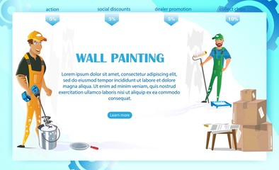 People Painting Wall with Supplies Flat Cartoon Banner Vector Illustration. Repairmen in Overalls Holding Paint Roller and Bucket Website Design. Handymen with Equipment. Renovation Service.