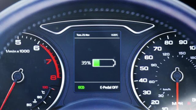 An electric car charges battery at a battery charging station. The battery indicator on the dashboard fills from empty to full. Clip contains battery charging graphic, car dashboard