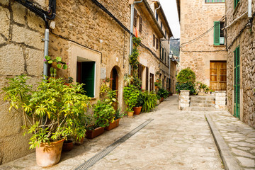 Fototapeta na wymiar The street with flower pots in Valldemossa town