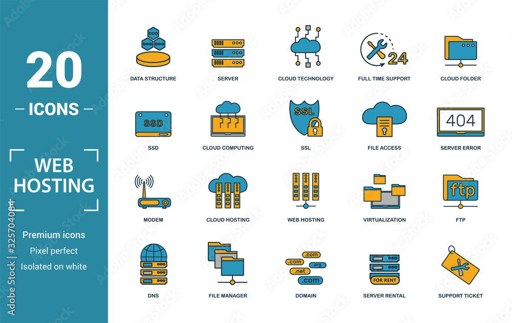 Poster web hosting icon set. include creative elements data structure, cloud technology, ssd, file access, 