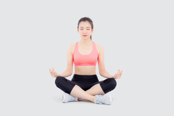 Fototapeta premium Beautiful portrait young asian woman sitting yoga, asia girl health care with workout fitness relaxing with active exercise isolated on white background, healthy and wellbeing concept.