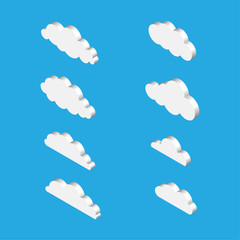 Set of isometric clouds isolated on blue background. Flat cartoon modern white clouds. Vector illustration.