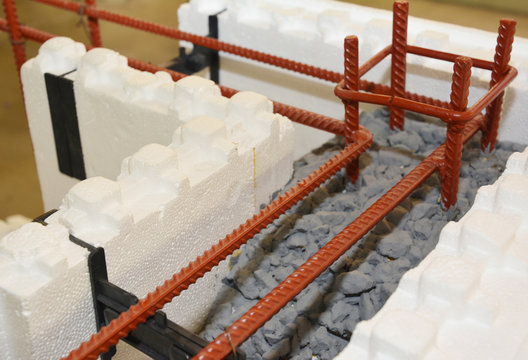 Close  up on insulating concrete forms ICF with metal reinforced concrete for house walls. Insulated Concrete Forms , ICF Wall Construction.