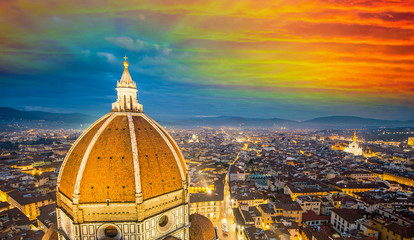 Fototapeta premium Florence (Italy) - Aerial bird eye view at sunset from Giotto Campanile (Giotto bell tower).